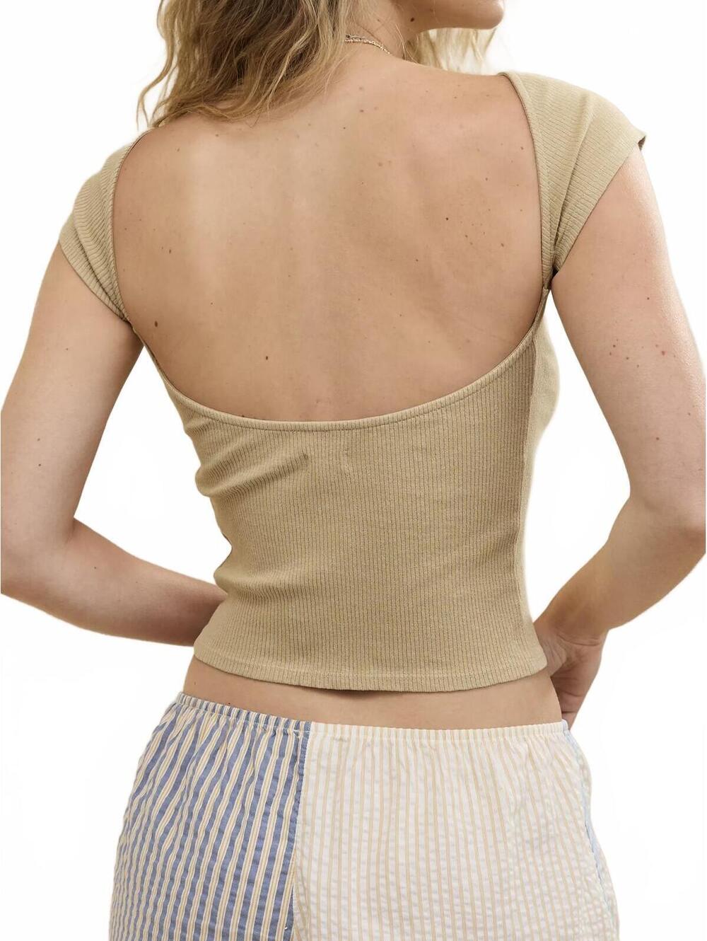 AE Aerie Ribbed Open Back T-Shirt American Eagle NWT Empire Cream XXL